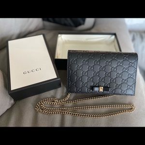 Gucci Black Leather Purse with Gold Strap